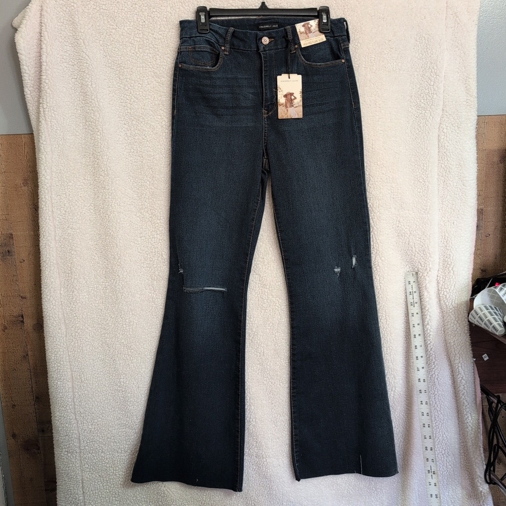 Sincerely Jules High Rise Flare Jeans Womens 9/29 Dark Wash NEW Distressed Boho